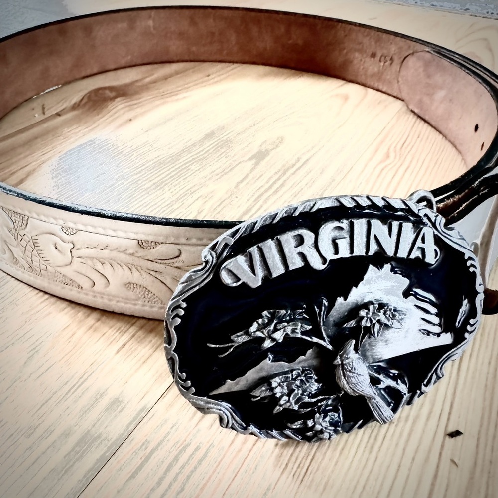 While Tooled Leather belt with Virginia Buckle
